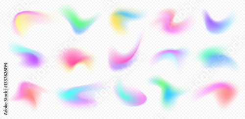 Colorful blurry gradient shapes, abstract light fluid mesh, soft colors in various forms. Vector design elements.