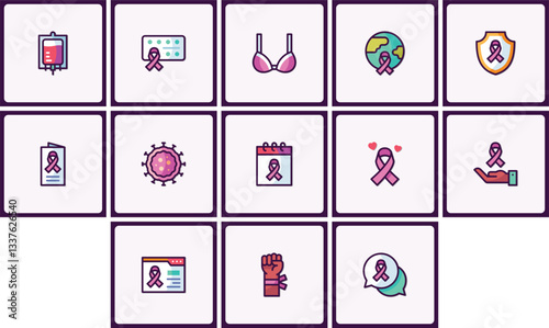 Comprehensive icon set representing diverse aspects of breast cancer awareness