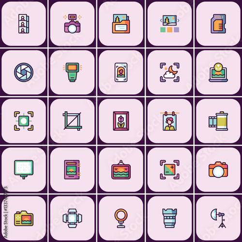 Complete set of linear photography and photo editing icons for creative endeavors