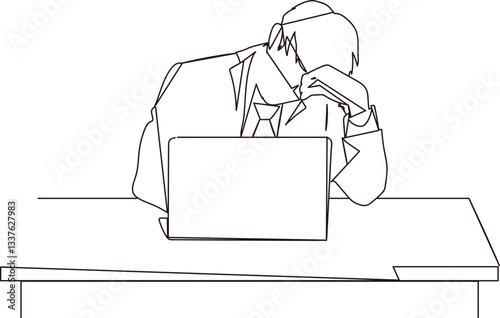 落ち込むサラリーマンの線画イラスト