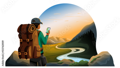 traveler with map in phone on mountain in front of valley at sunrise, vector illustration