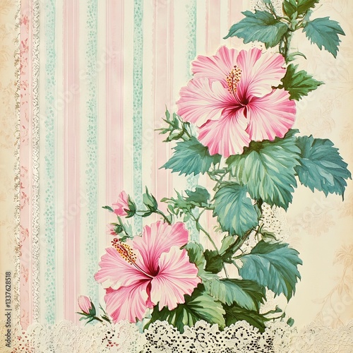 Old vintage scrapbook wallpaper with lace, a beautiful, vivid pink and turquoise hibiscus flower
