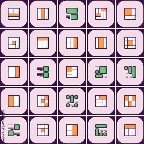 Versatile abstract icon set, unique layout representations in organized grid