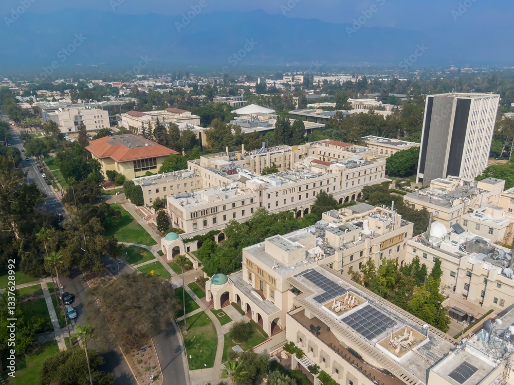 Aerial view of the California Institute of Technology (Caltech) campus in Pasadena, California, USA. The photo shows the architectural style and layout of the university. Aerial view of the California Institute of Technology (Caltech) campus in Pasadena, California, USA. The photo shows the architectural style and layout of the university.