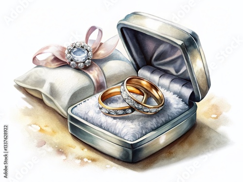 Elegant Wedding Rings in Gift Box & on Pillow - Hand-Painted Diamond Rings, White Background