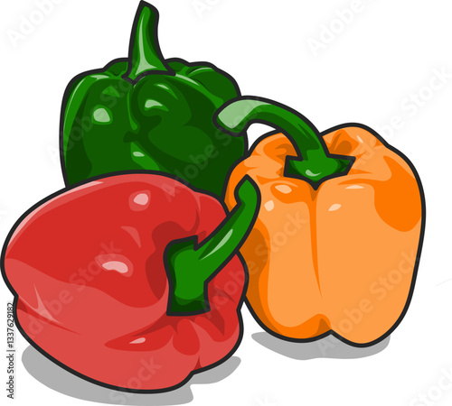 Three paprika with diferent color red orange and green