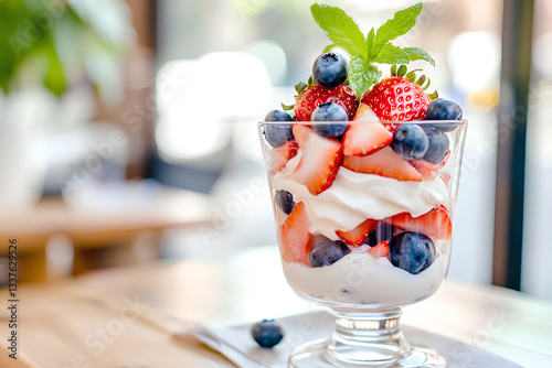 Layered fruit parfait with strawberries blueberries and creamy yogurt topped with mint in warm sunlight  
