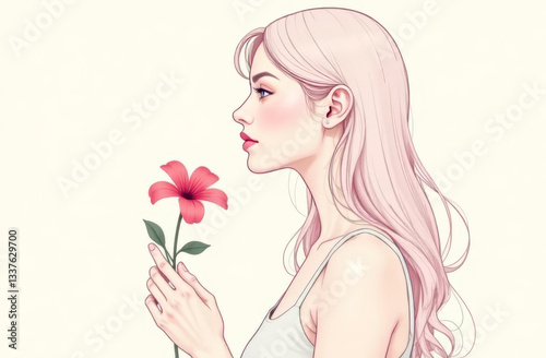Minimalistic watercolor portrait of a beautiful girl with pink hair and a red flower in her hands in profile on a light background