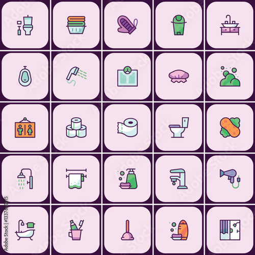 Modern line art bathroom and hygiene icon set for web and app design projects