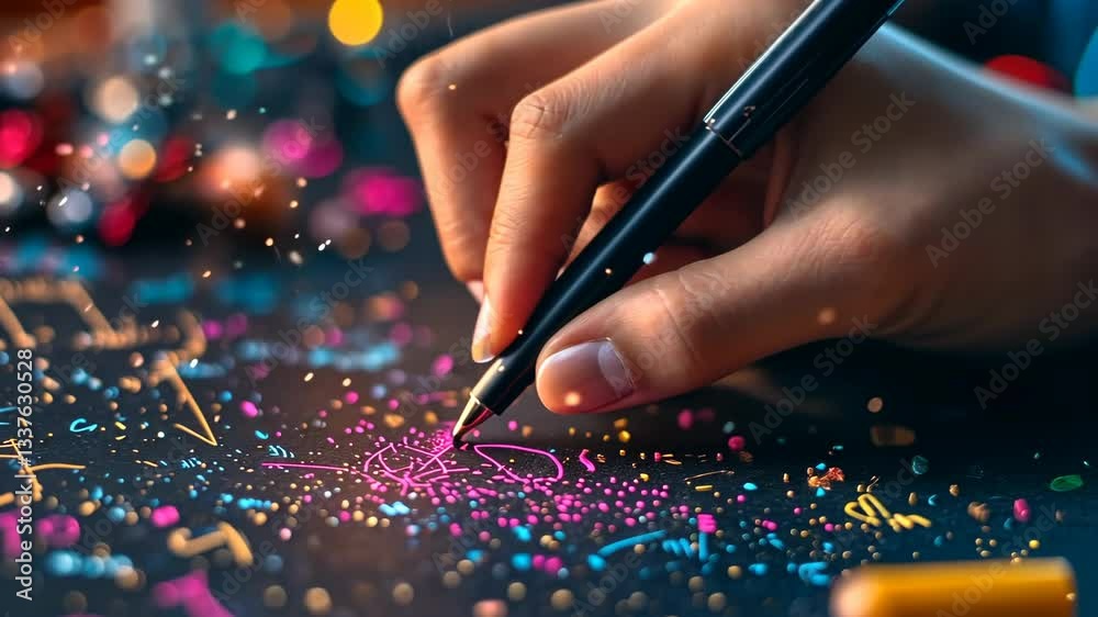Creative hand drawing colorful designs on a dark surface with vivid decorations in a bright workspace