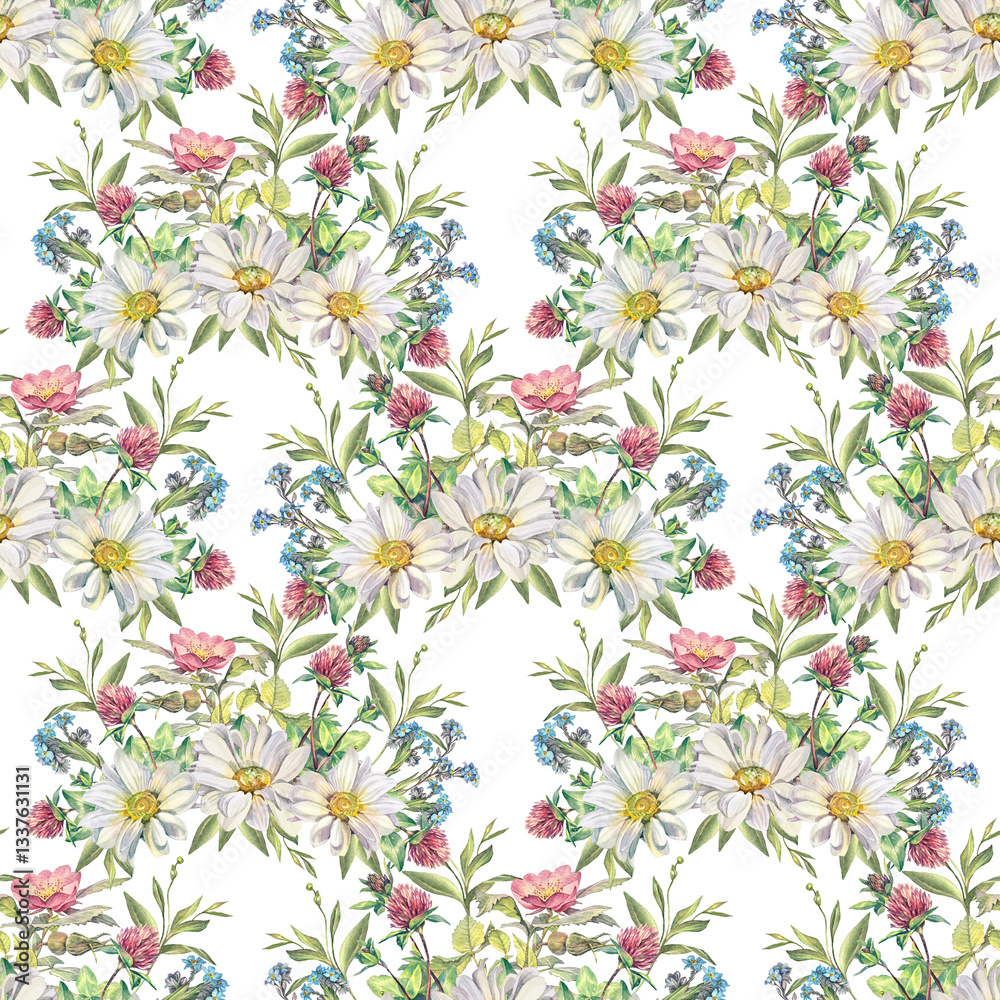 Fototapeta premium Watercolor seamless pattern with bouquet clover chamomile rosehip forget-me-not on white background. Spring and summer flower for card. Wildflower and herb. Hand-drawn art for wallpaper or wrapping