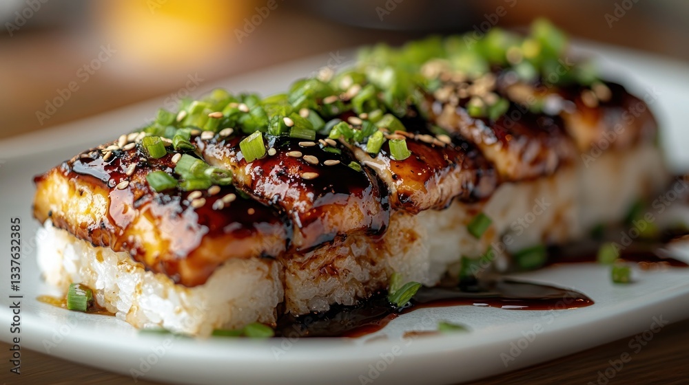 Teriyaki eel sushi served on a plate. A close-up view shows slices of pan-seared eel over rice, drizzled with teriyaki sauce, topped with green onions and sesame seeds Teriyaki eel sushi served on a plate. A close-up view shows slices of pan-seared eel over rice, drizzled with teriyaki sauce, topped with green onions and sesame seeds