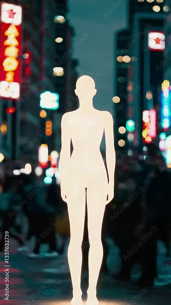 Striking illuminated silhouette of a human figure standing still amidst the dynamic blur of an urban night scene, symbolizing isolation, contrast, and introspection.