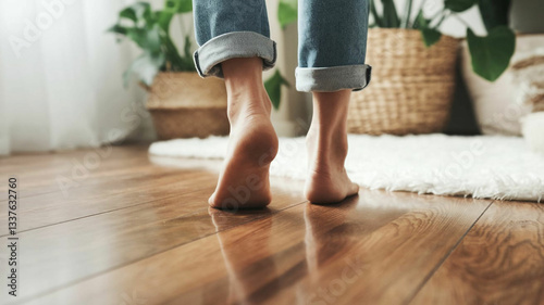 Barefoot Walking on Wooden Floor in Cozy Home Interior
