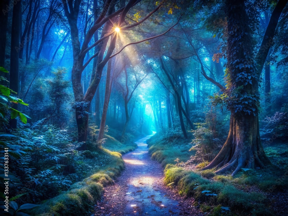 Obraz premium Ethereal Blue Light Illuminates Mysterious Dark Forest Path - Surreal Stock Photo