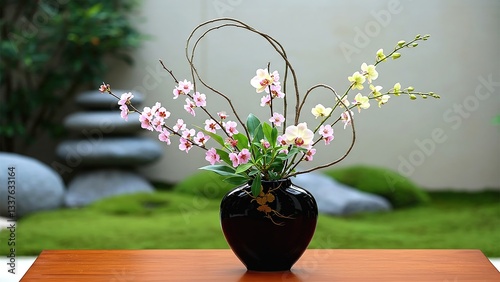 Japanese Style Flower Arrangement Sakura and Orchid in Black Vase