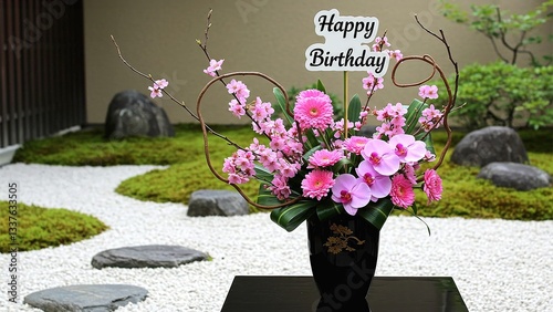 Japanese Style Flower Arrangement Sakura and Orchid in Black Vase