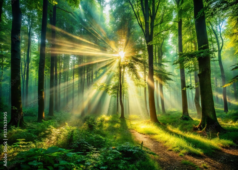 Obraz premium Ethereal Sunlight Rays in Mystical Forest - Bokeh Photography