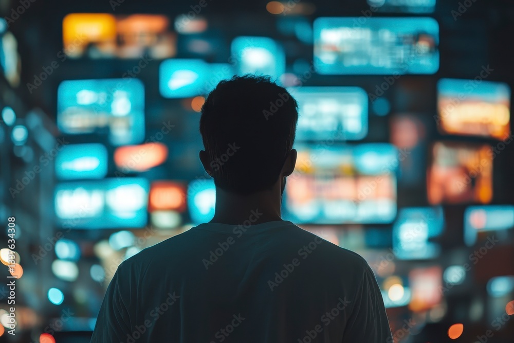 Person Back View Standing in Front of Multiple Screens Displaying Data, Information, News and Technology Person Back View Standing in Front of Multiple Screens Displaying Data, Information, News and Technology