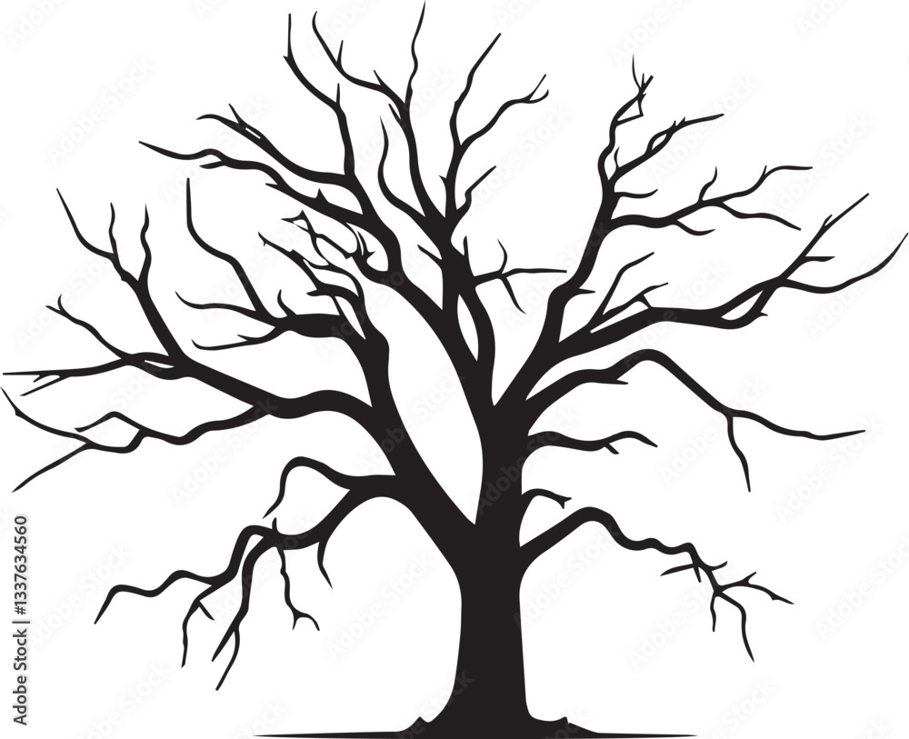 Vector silhouette of a tree with branches, leaves, and trunk in different seasons, including autumn, winter, spring, and summer, with birds, flowers, and a natural forest setting Vector silhouette of a tree with branches, leaves, and trunk in different seasons, including autumn, winter, spring, and summer, with birds, flowers, and a natural forest setting