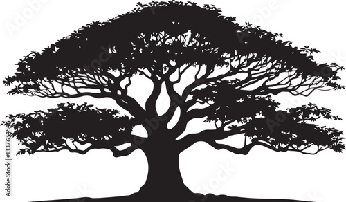 Black and white tree silhouette vector illustration with branches and leaves