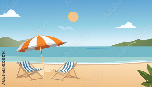 umbrella and chair in the beach, tour, travel and tourism concept