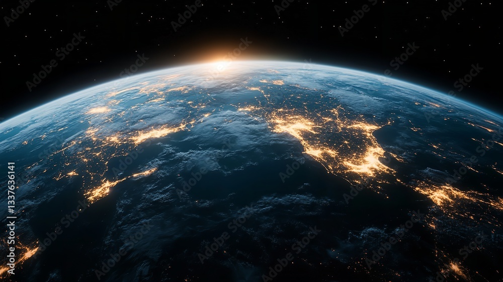 Fototapeta premium View of Earth from space showcasing nighttime city lights and a rising sun on the horizon