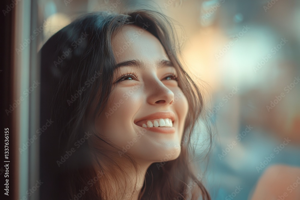 Smiling Hispanic Woman Looking Upward by Window Light with Joyful Expression Smiling Hispanic Woman Looking Upward by Window Light with Joyful Expression