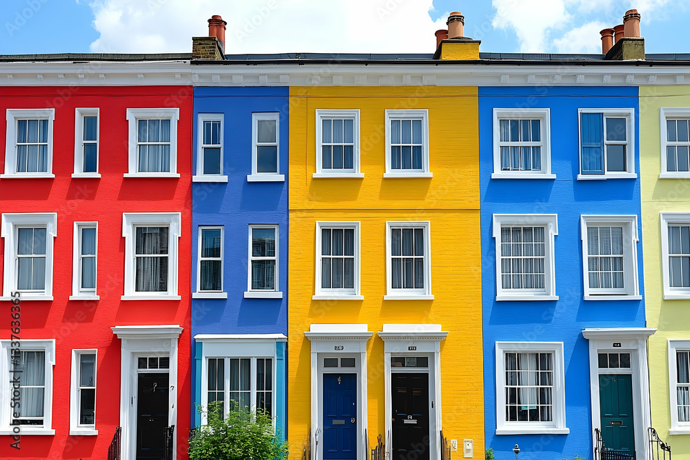 Obraz premium Vibrant row of colorful houses showcasing red, blue, yellow, and green facades under a bright sky