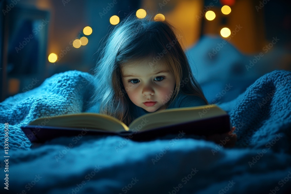 Young Caucasian girl intensely focused, reading a book in bed at night under soft fairy lights Young Caucasian girl intensely focused, reading a book in bed at night under soft fairy lights