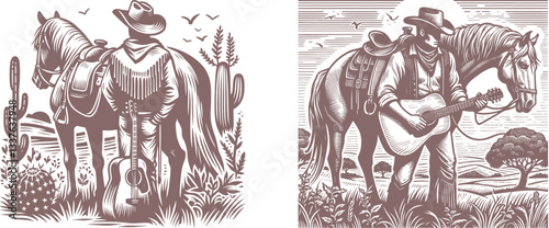 Engraved Design Cowboy with Guitar and Horse in the Heart of Nature, Capturing the Spirit of the Wild West vintage 