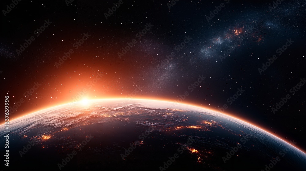 Sunrise over Earth visible from space with vibrant colors illuminating the horizon Sunrise over Earth visible from space with vibrant colors illuminating the horizon