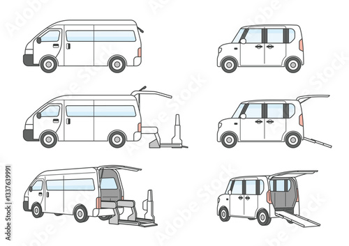 ワゴン車と軽自動車の福祉車両のイラストセット