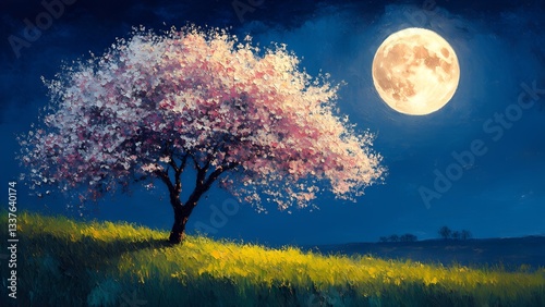 Watercolor painting of a full moon night, illuminating a flowering tree surrounded by lush nature