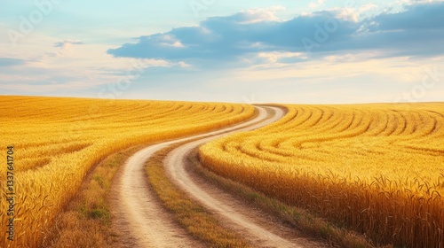 Winding dirt road cutting through expansive golden wheat fields under summer skies