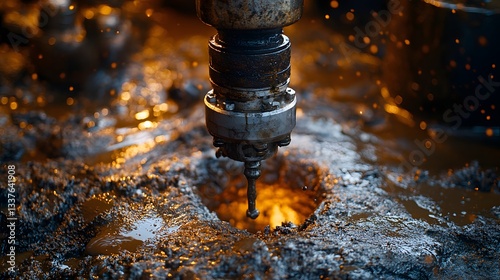 Close-up of an oil drilling rig operating, showing the extraction process. The image captures the machinery and muddy setting. oil Drilling Earth. Oil Production Process Background.