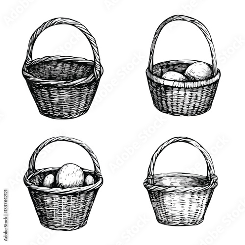 Hand Drawn Willow Wicker Basket Black Icon Set