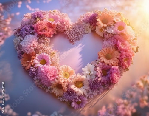 A heart-shaped wreath made of delicate pastel-colored flowers