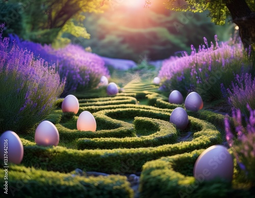 Easter egg labyrinth, with glowing eggs scattered along winding paths of grass