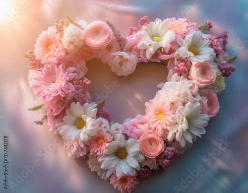 A heart-shaped wreath made of delicate pastel-colored flowers
