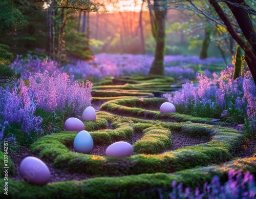 Easter egg labyrinth, with glowing eggs scattered along winding paths of grass