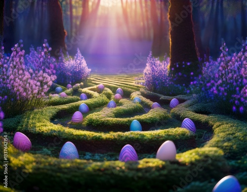 Easter egg labyrinth, with glowing eggs scattered along winding paths of grass