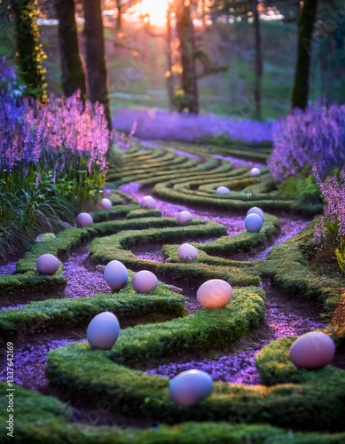 Easter egg labyrinth, with glowing eggs scattered along winding paths of grass