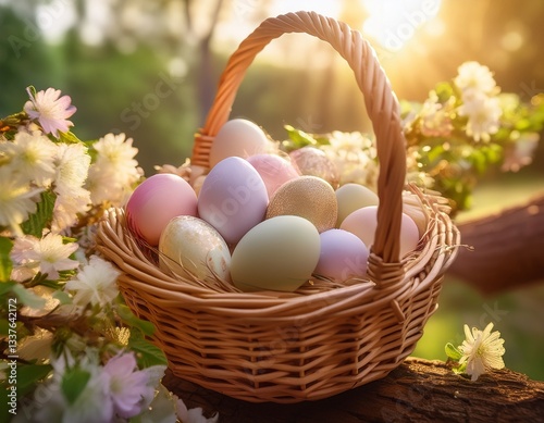 A serene Easter morning scene featuring a wicker basket filled with colorful Easter eggs