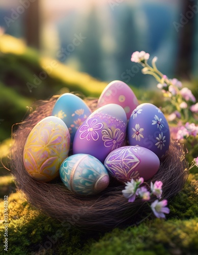  close-up of beautifully decorated Easter eggs, each with intricate patterns