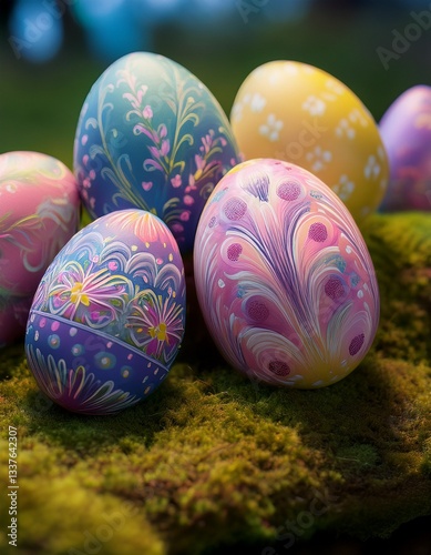  close-up of beautifully decorated Easter eggs, each with intricate patterns