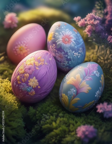  close-up of beautifully decorated Easter eggs, each with intricate patterns