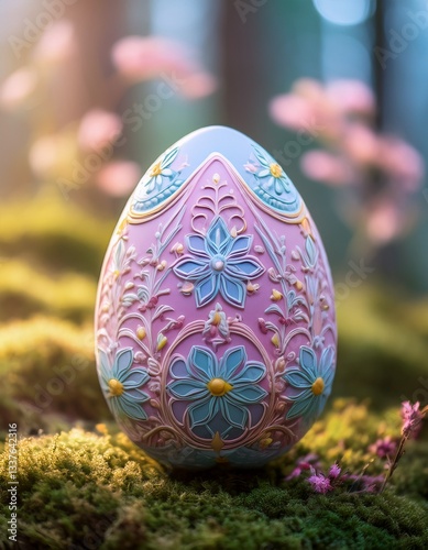 A close-up of beautifully decorated Easter egg, with intricate patterns in soft pastel shad