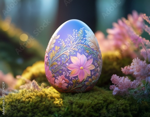A close-up of beautifully decorated Easter egg, with intricate patterns in soft pastel shad