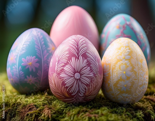  close-up of beautifully decorated Easter eggs, each with intricate patterns